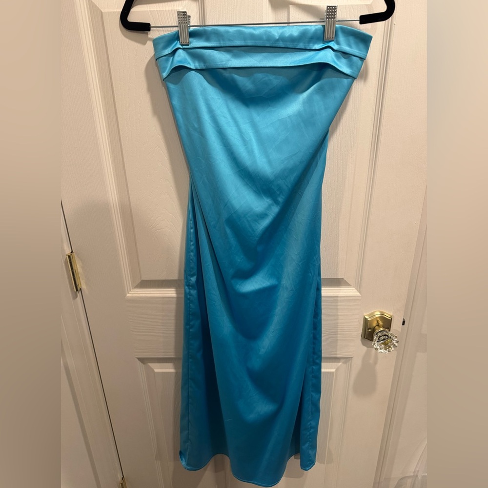 Midi Silk Blue Strapless/Cut-out Back Dress